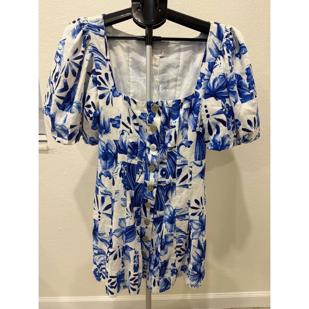 CAROLINE CONSTAS Linen Blend Fit Flare Floral Print Mini Dress Bubble Sleeve 10